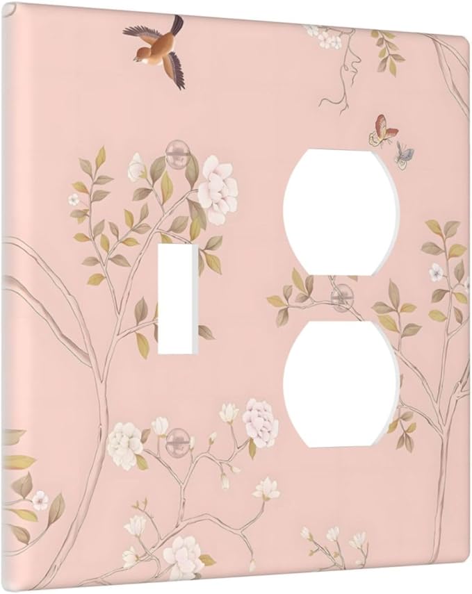 Pink Background Flowers Bird Butterflies Floral Wallplates 1 Toggle 1 Duplex Switch Plate Electrical GFCI Faceplate Decorative Light Switch Covers for Bedroom Living Room Decor