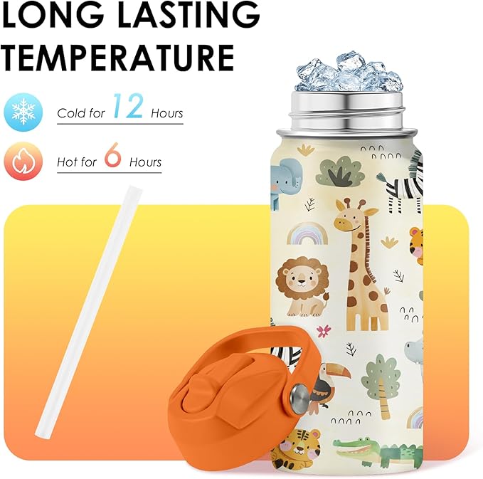 16oz Kids Wild Animal Water Bottle with Straw Lid, Stainless Steel Insulated Tumbler, Leakproof, BPA-Free, for Boys & Girls, Travel - Forest Friends Nature Lovers Birthday Gift Cup (1pc)