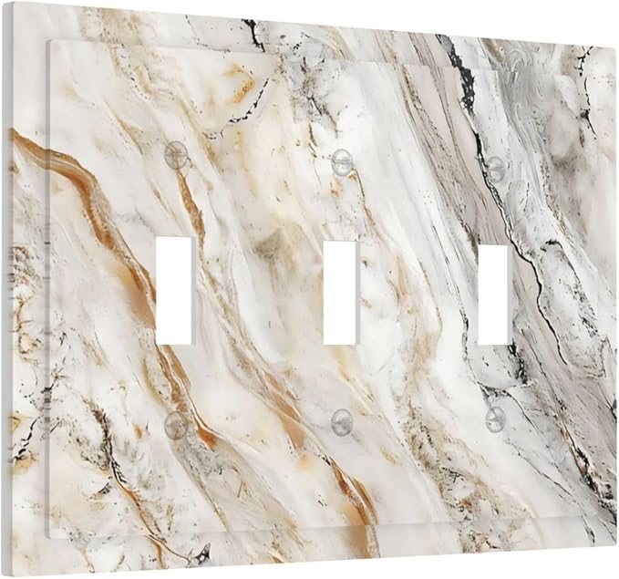 Matte Beige Gold Marble Granite Abstract Print Decorative Switch Plates 3 Gang Wall Plate Triple Toggle Light Switch Cover Faceplate Electrical Wall Panels for Bathroom Kitchen Decor