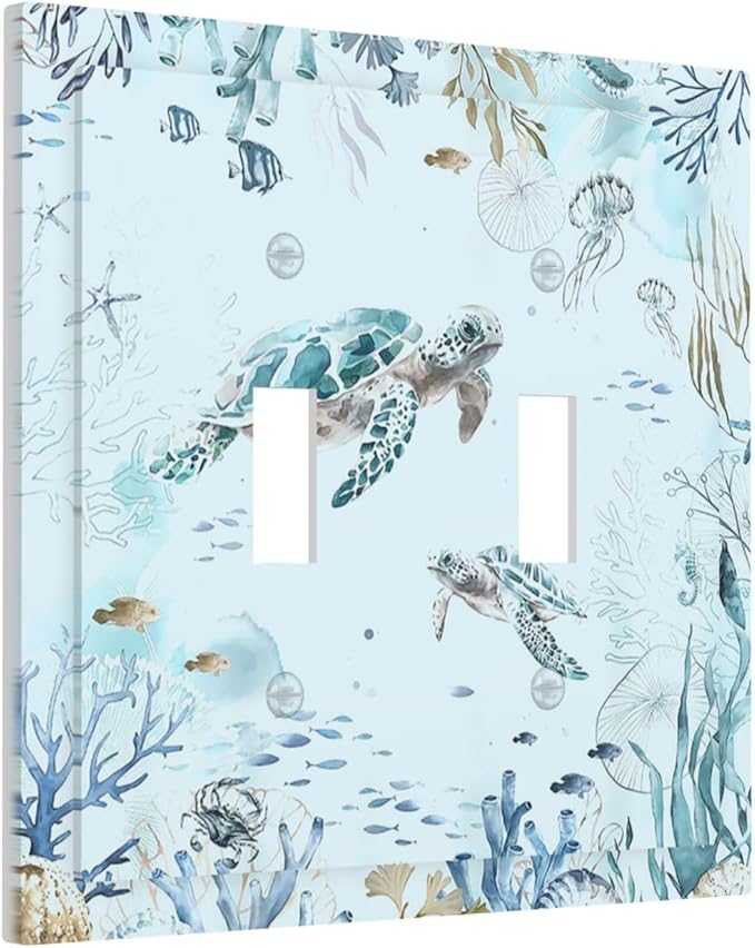 Decorative Switch Plates Teal Blue Ocean Sea Turtle Seabed Plants 2 Gang Double Toggle Wall Plate Outlet Light Switch Cover Electrical Faceplate for Bathroom Kids room Decor
