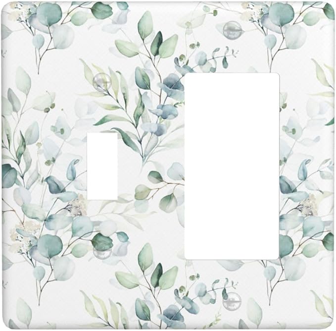 Green Eucalyptus Leaf 2 Gang Single Toggle/Rocker Combination Light Switch Cover Decorative Wall Plate Cover Electrical Faceplate Art Decor