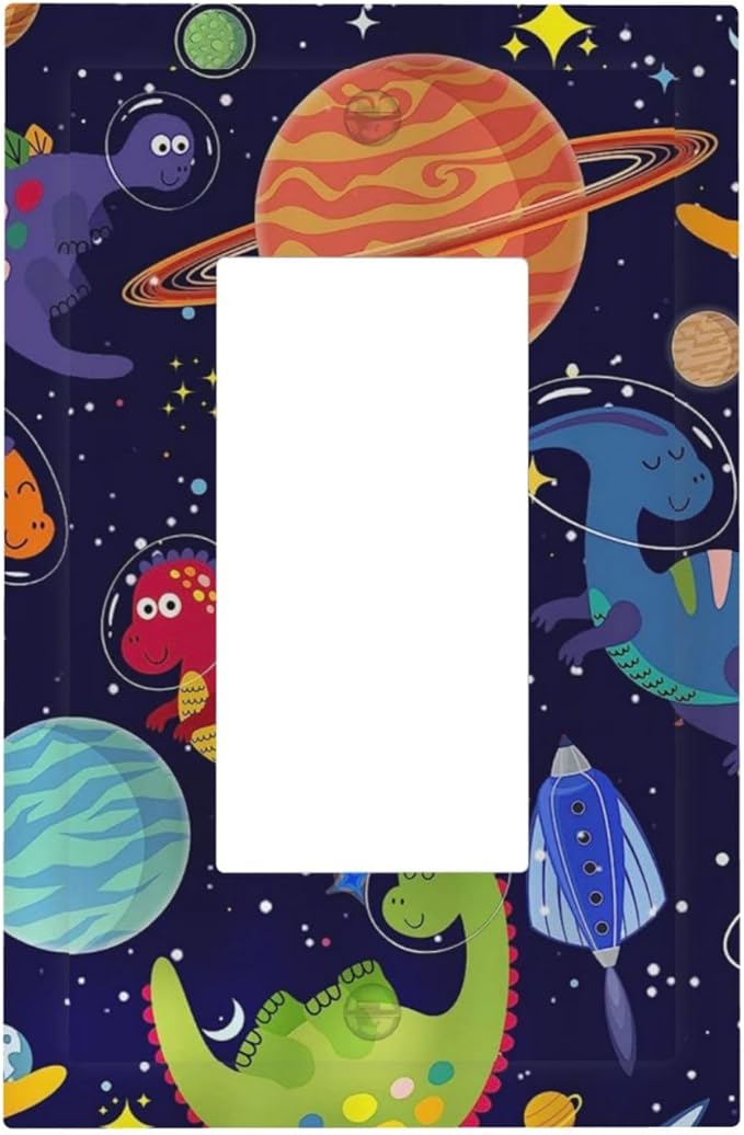 Funny Astronaut Dino Kids Dinosaur Outer Space Nebula Planet Boy Playroom 1 Gang Electrical Decora/GFCI Device Wallplate Single Decorator Rocker Outlet Light Switch Cover Electrical Faceplate Dimmer