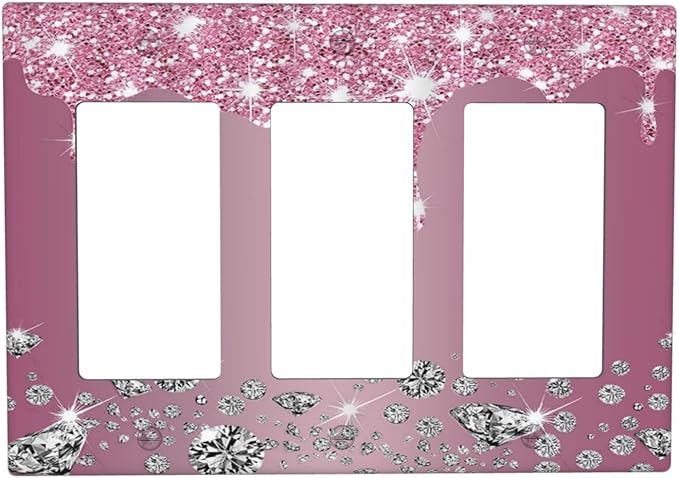 Sparkling Diamonds Pink Silver Glitter Drops Print 3 Gang Rocker Light Switch Covers Decorative Unique Triple Outlet Wall Plate Cover Faceplate Decorative Switchplate GFCI for Bathroom Decor