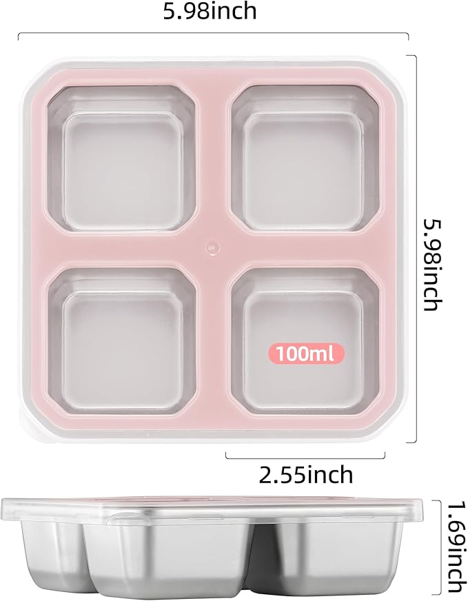 BEFOY 4 Pack Stainless Steel Snack Containers with Lids 4 Compartment Food Storage Containers for Adults & Kids Meal Prep Containers Reusablele (pink, 4)