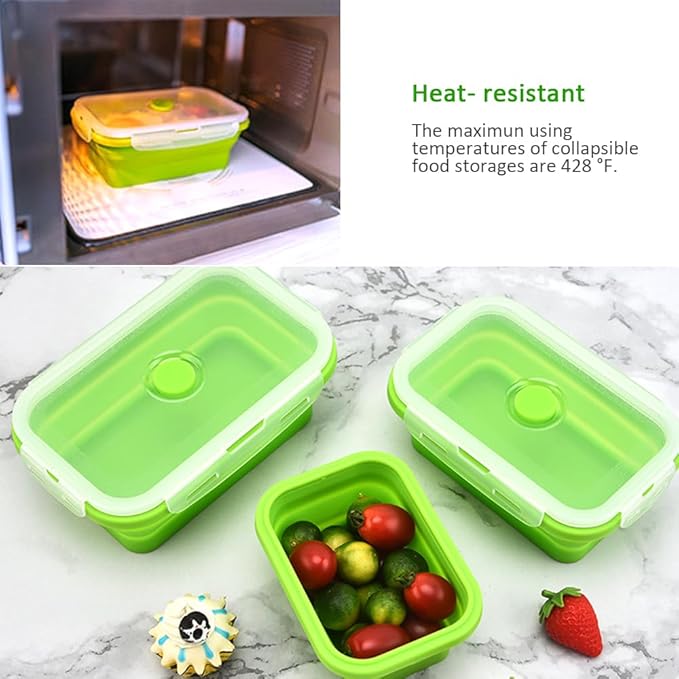Alimat PluS 27oz Collapsible Food Storage Containers with Lids, 3 Pack Set 800ml Silicone Food Storage Containers, Green Collapsible Food Storage for Kitchen and Outdoor Activities
