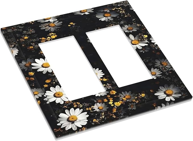 White Black Daisy Wildflower Modern Chrysanthemum Decorative Outlet Covers 2 Gang Double GFCI Rocker Electrical Wall Panels Light Switch Cover Plate for Bedroom Farmhouse Decor