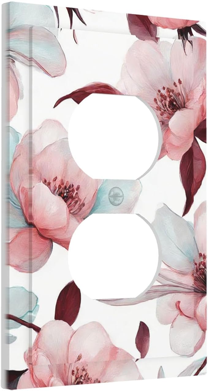 Watercolor Pink Cherry Blossom & Floral Burst Duplex Wall Plate - 1-Gang Standard US Size Romantic Floral Escape Outlet Covers for Bathroom Bedroom Vanity Decor