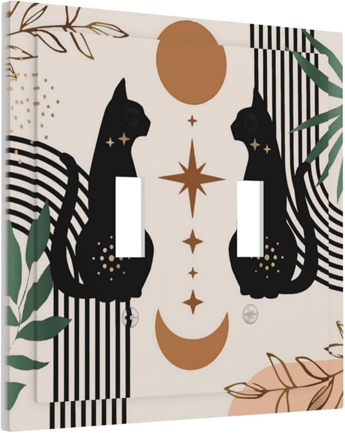 Witchy Mystic Gothic Funny Boho Mid Century Black Cute Cat Moon Phase Abstract Leaf 2 Gang Electrical Double Toggle Outlet Light Switch Wall Plate Decorative Receptacle Face Switchplate Cover Mid Size