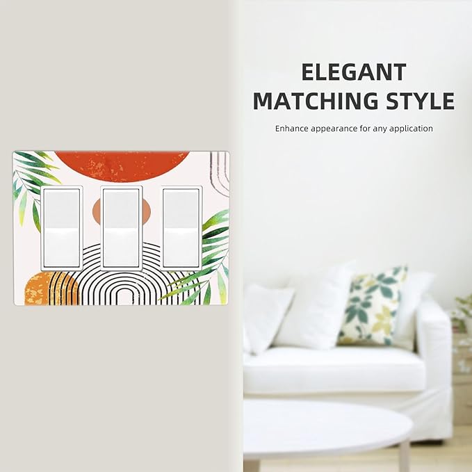 Beige Orange Boho Mid Century Abstract Triple Decorator Light Switch Cover 3 Gang GFCI/Rocker Wallplate Decorative Electrical Faceplate Switchplate Dimmer Screwless