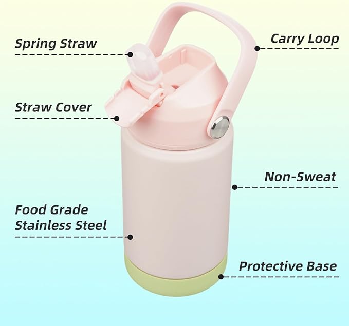 Konokyo Insulated Water Bottle with Straw Lid,12 oz Stainless Steel Vacuum Metal Bottle with Silicone Handle,Pearl