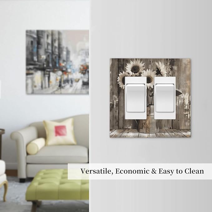 Rustic Floral Country Sunflower Daisy Old Wooden Boards Decorative Outlet Covers 2 Gang Double GFCI Rocker Electrical Wall Panels Light Switch Cover Plate for Farmhouse Home Decor