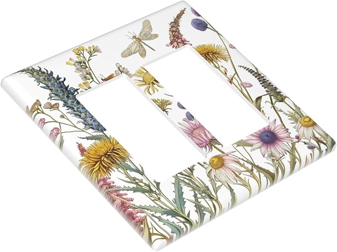 Light Switch Cover Plate Botanical Wildflowers Dragonfly Colorful Floral 2 Gang Double Rocker Outlet Covers Decorative Switch plates Electrical Wall Plates GFCI Receptacle for Bathroom Bedroom