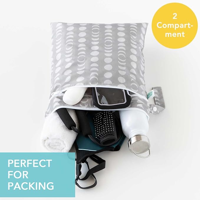 Bumkins Waterproof Wet Dry Bag for Baby, Travel, Swim Suit, Cloth Diapers, Pump Parts, Pool, Beach, Gym Clothes, Toiletry, Hook to Stroller, Daycare, Zipper Reusable Wetdry Packing Pouch, Lunar Gray