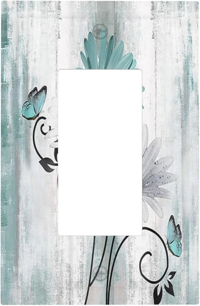 Teal Daisy Vintage Flower Butterfly Rustic Wood Print Decorative Outlet Covers 1 Gang Single Rocker Light Switch Cover Plate Wall Plates GFCI Faceplate for Farmhouse Home Decor
