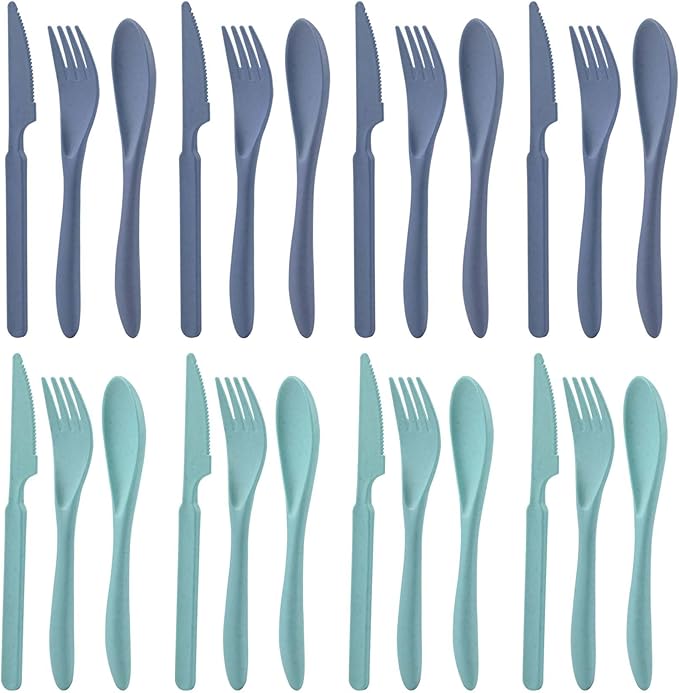 8 Sets Knives Spoons and Forks, Thickened Design Wheat Straw Cutlery, Reusable Utensils Set for Kid or Adult, Fork Spoon Knife Set for Party, Travel, Work, Picnic, Camping (Blue and green)