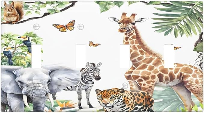 Elephant Giraffe Jungle Animals Leopard Zoo Light Switch Covers Quad Toggle Electrical Faceplate 4 Gang Wall Plate Decorative Switch Plates Cover for Kids Room Nursery Decor