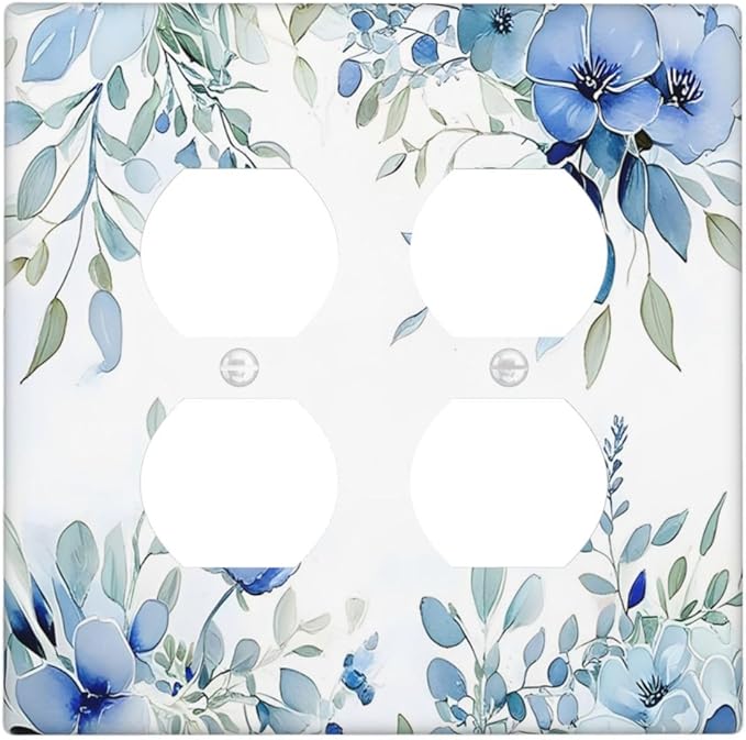 Watercolor Blue Flower Plant Floral Green Leaves Outlet Covers 2 Gang Double Duplex Decorative Light Switch Covers Electrical Wallplates Socket Faceplate for Bedroom Living Room Decor