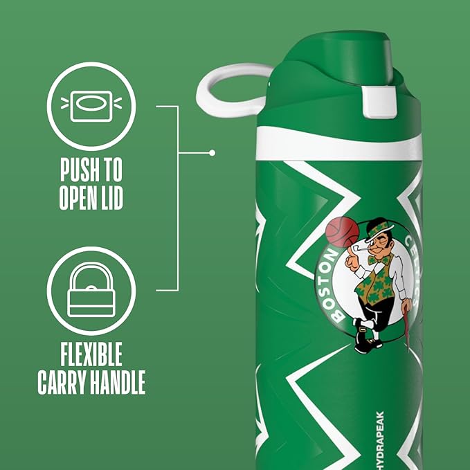 Hydrapeak x NBA Officially Licensed Boston Celtics Oasis 20 oz Insulated Kids Water Bottle, Stainless Steel Water Bottle Kids with Chug Lid, Push Button