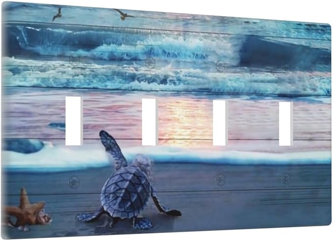 Funny Summer Hawaii Starfish Beach Wave Turtle Four Gang Light Switch Cover, Conch Coral Coastal Nautical Ocean Blue Turtle Tortoise 4 Gang Quad Toggle Switch Wall Plate Outlet Cover Standard Size