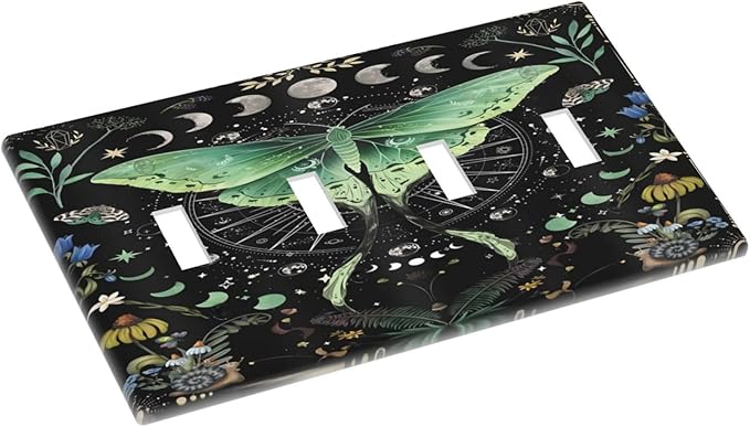 Moon Phase Butterfly Wildflower Plant Mysterious Night Moonlit Light Switch Covers Quad Toggle Electrical Faceplate 4 Gang Wall Plate Decorative Switch Plates for Bedroom Living Room Decor