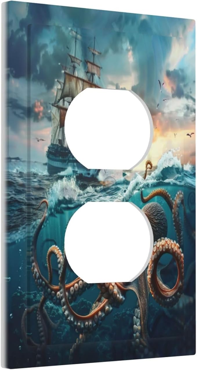 Decorative Outlet Covers Sailboat Ship Octopus Ocean Sea Waves 1 Gang Duplex Light Switch Cover Plate Electrical Switch plates Wall Plates Receptacle Covers for Bathroom Bedroom Decor