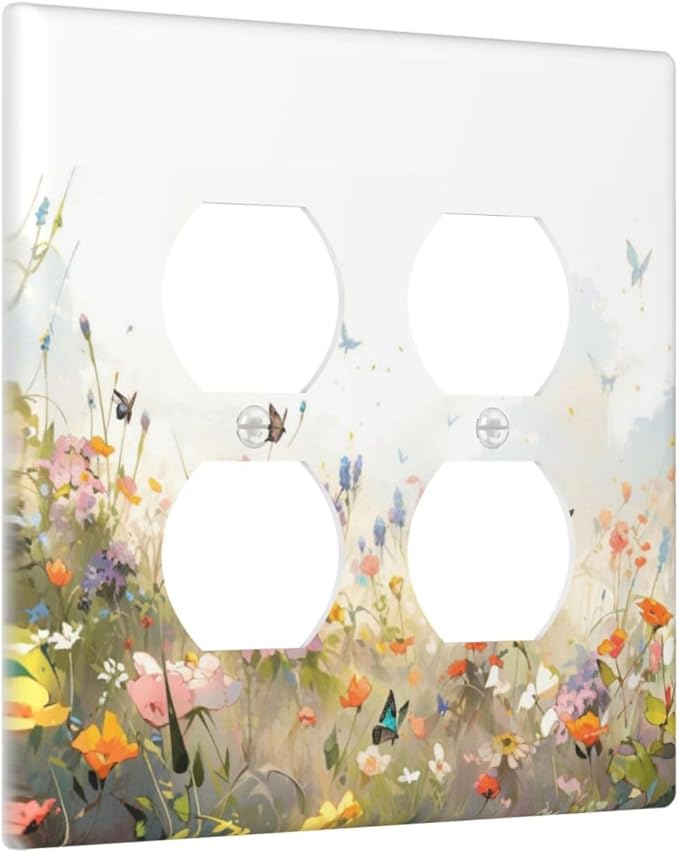 Wildflowers Watercolor Floral Colorful Butterfly Outlet Covers 2 Gang Double Duplex Decorative Light Switch Covers Electrical Wallplates Socket Faceplate for Farmhouse Bed Room Decor