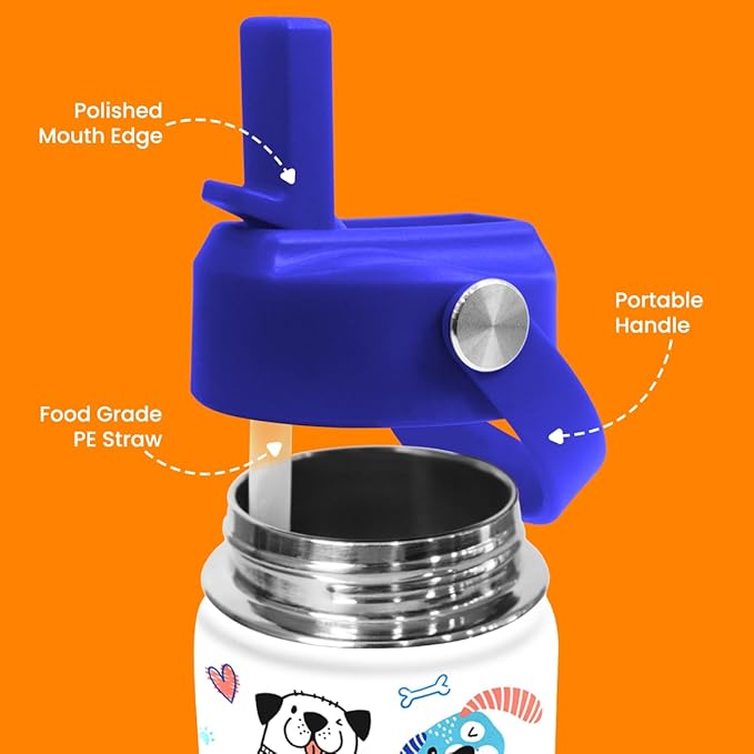 SANDJEST Dog Water Bottle - Kids Water Bottle with Straw Lid - 12 Oz Insulated Stainless Steel Water Bottles for Kid Boys - Travel Cup for School Sports