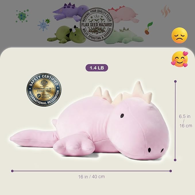 KOWSI® Microwavable Heating Pad Purple Stegosaurus Plush - 1.4 Lb Weighted Stuffed Animal Toy with Tourmaline Beads & Lavender - 16" Squished Long Dinosaur Pillow - Lumbar Back Cushion Lasting Warmth