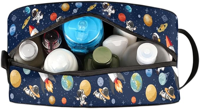 Kids Toiletry Bag for Boys Girls, Space Theme Travel Toiletry Bag Hanging Dopp Kit Cosmetic Bag Makeup Bag Shower Shaving Bag for Toiletries Accessories