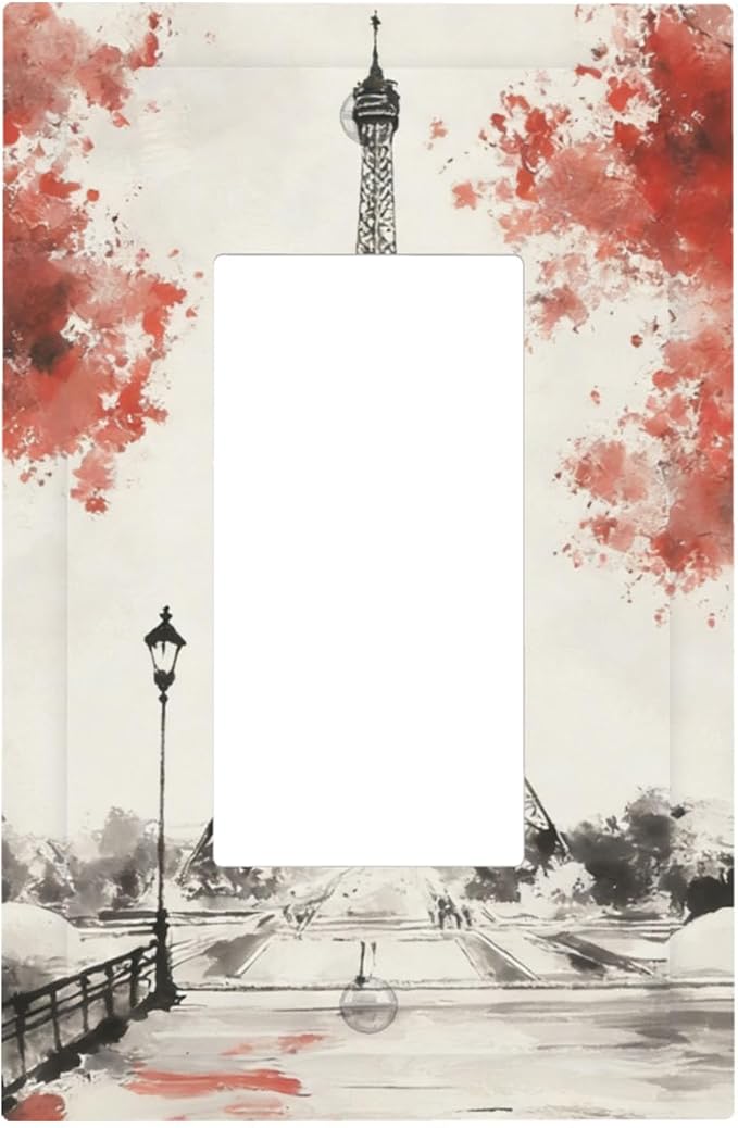 Parisian Watercolor Eiffel Tower Single Rocker Switch Cover - 1-Gang Standard US Size Paris Cherry Blossoms Romantic Light Switch Covers, Vintage French Watercolor for Bedroom Decor