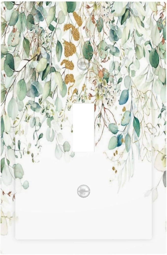 Gold Green Eucalyptus Leaves Plants Flowers Floral Decorative Light Switch Cover 1 Gang Single Toggle Device Electrical Faceplate Switchplates Decorator Outlet Wall Plate for Bedroom Living Room Decor