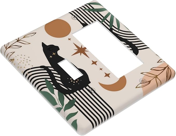 Black Boho Mid Century Cute Cat 2 Gang Combo Device 1-Toggle 1-Decorator/GFCI Receptacle Outlet Light Switch Cover 70s Neutral Moon Aesthetics Abstract Art Two Gang Combination Rocker Face Wall Plate