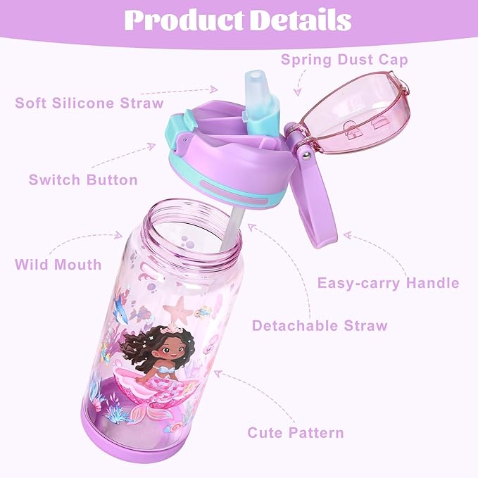 decalsweet Kids Water Bottle 20oz Durable Leak-Proof Plastic Water Cup for Kids Toddlers,With Straw Handle and Pop-Up Spout Cover,Safe for School Sports Daycare Travel & Camp