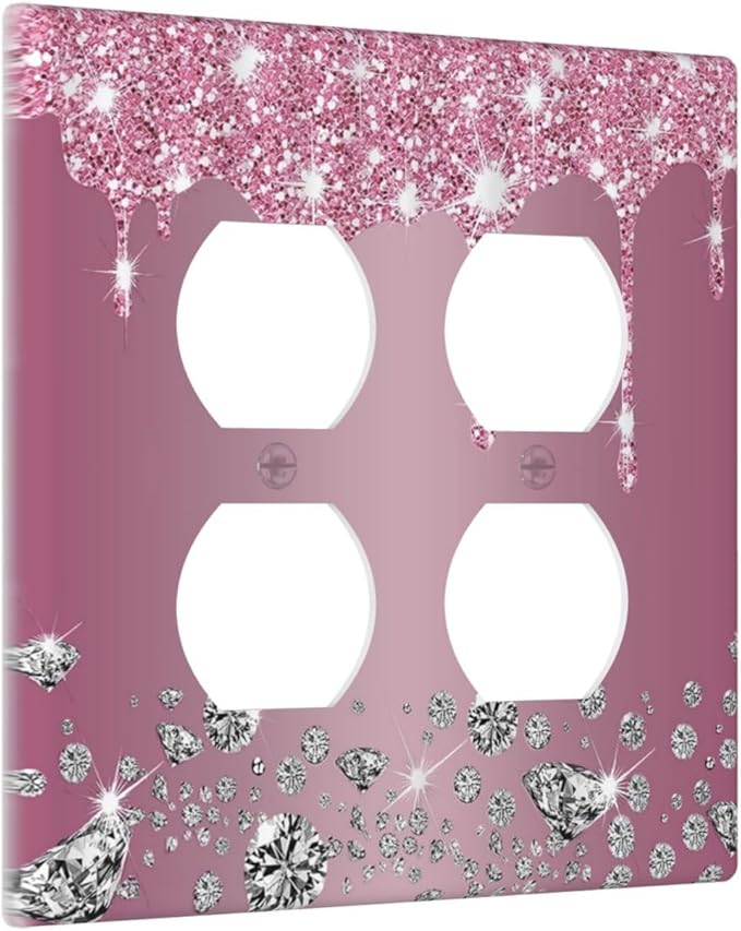Decorative Outlet Covers Sparkling Diamonds Pink Silver Glitter Drops 2 Gang Wall Plate Cover Double Duplex Receptacle Two Switch Light Switch Cover Plate Jumbo Dual Face Plate