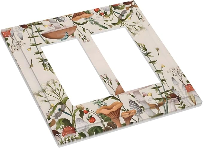 Boho Mushroom Forest Plants Wildflowers Insects Decorative Outlet Covers 2 Gang Double GFCI Rocker Electrical Wall Panels Light Switch Cover Plate for Kids Room Home Decor