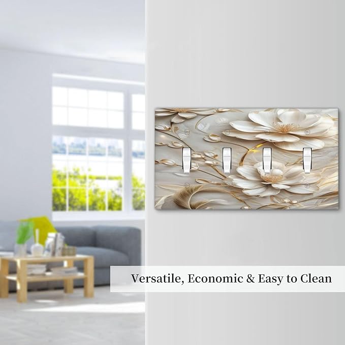 Decorative Art Light Switch Covers Elegant White and Gold Florals Quad Toggle 4 Gang Wall Plate Switch plate Electrical Faceplate for Home Decor