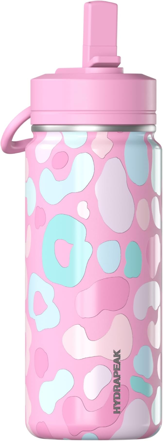 Hydrapeak Mini 20oz Fun Sticker Print Water Bottle with Straw Lid, Stainless Steel Double Wall Insulated Water Bottle, Leak-Proof and Spill-Proof Water Bottle, Pastel Leopard Bubblegum
