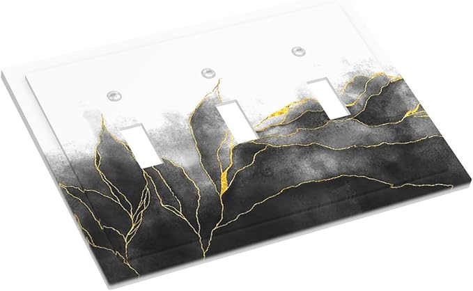 Decorative Switch Plates Black And Gold Marble White Golden Leaves 3 Gang Wall Plate Faceplate Triple Toggle Light Switch Cover Electrical Wall Panels for Bedroom living Room Decor