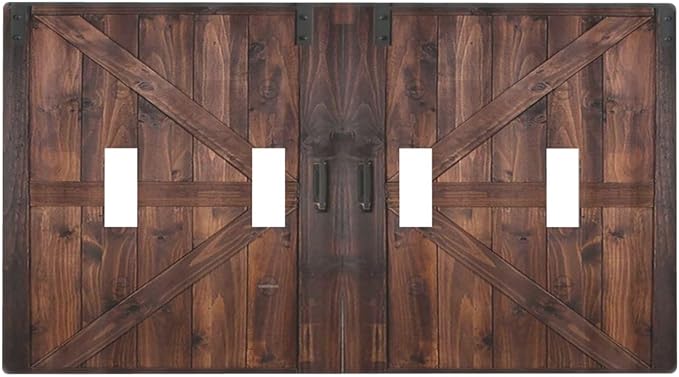 Light Switch Cover Rustic Brown Barn Door Retro Wood Plank 4 Gang Switch Plate Quad Toggle Wall Plates Country Decorative Switchplate Electrical Outlet Cover Plates for Bathroom Home Decor