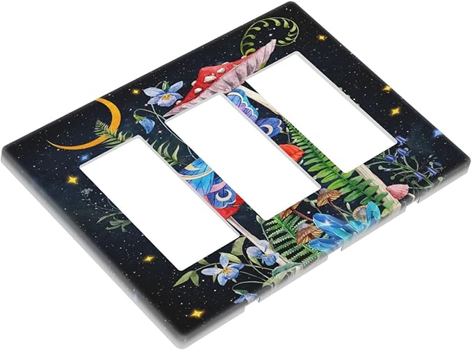 Moon Snail Boho Moth Mushroom 3 Gang Three Gfci/Decorator Receptacle Switch Face Wall Plate Black Witchy Fantasy Botanical Butterfly Decorative Triple Rocker Light Switch Cover for Dimmer Screwless