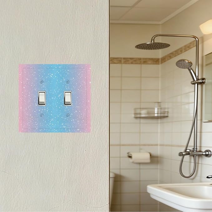 Pastel Galaxy Double Toggle Switch Cover - 2-Gang Standard US Size Pink & Blue Sparkle Light Switch Covers, Dreamy Pastel Stars for Girls Room Decor
