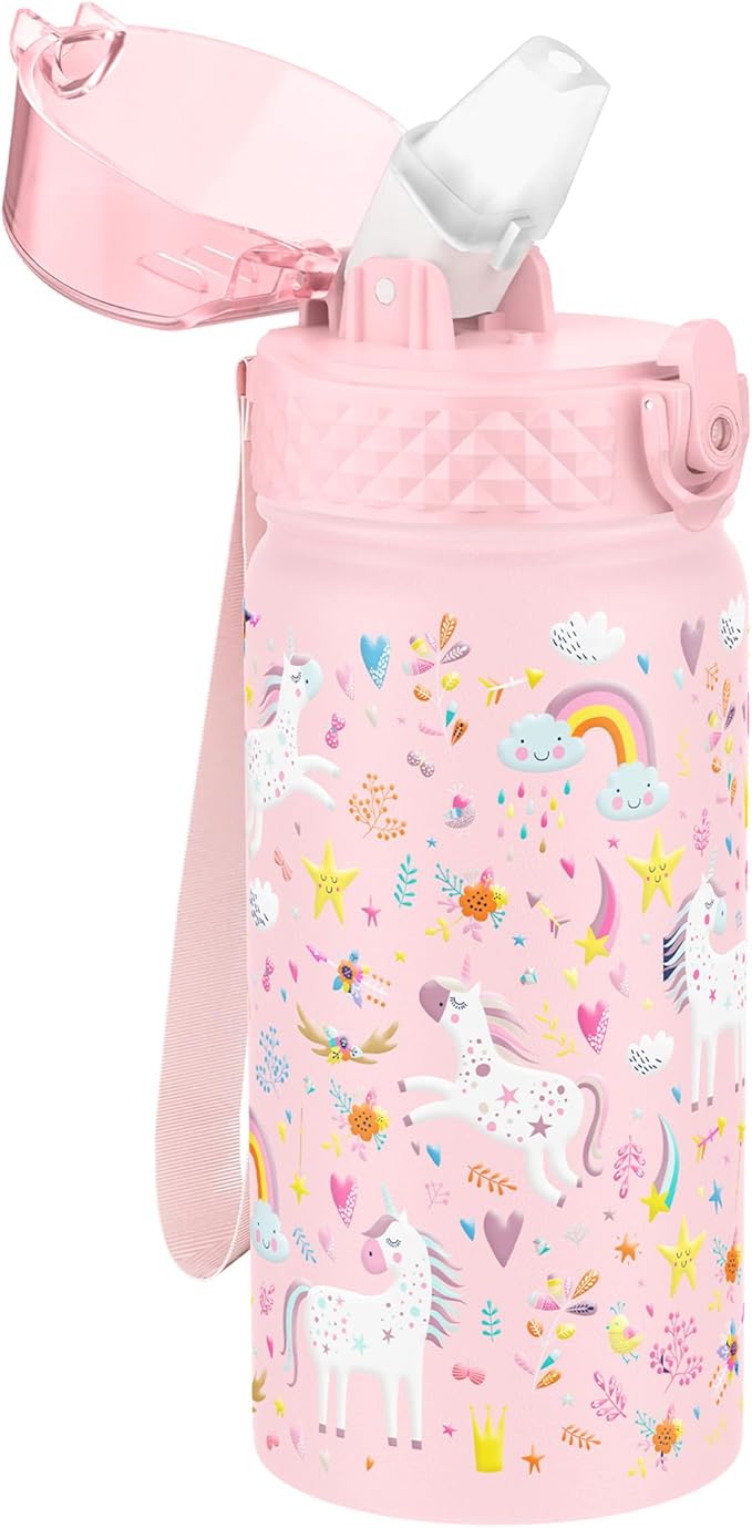 Kids Water Bottle, GOPPUS 14 oz Insulated Water Bottle with Straw, Double Vacuum Leakproof, BPA Free, for Boys and Girls,Pink Unicorn