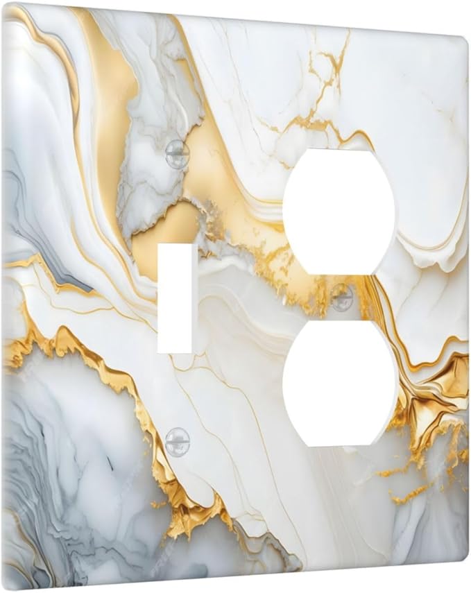 Exquisite White Gold Marble Abstract Luxurious Print Wallplates 1 Toggle 1 Duplex Switch Plate Electrical GFCI Faceplate Decorative Light Switch Covers for Bathroom Kitchen Decor