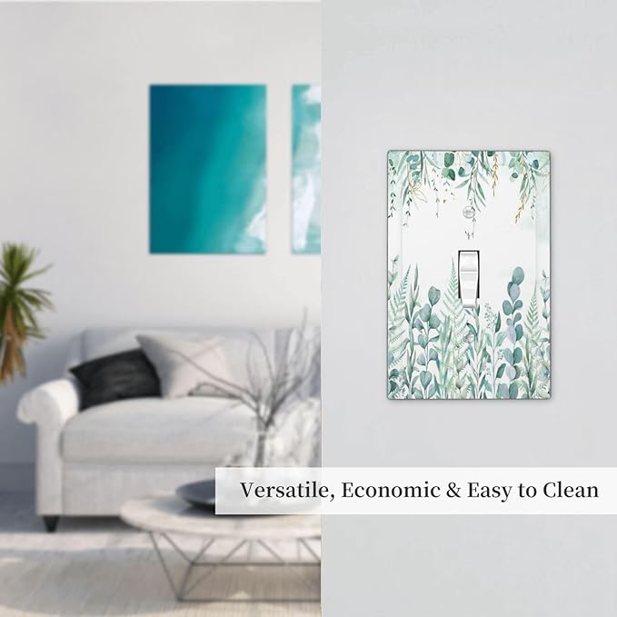 Boho Green Eucalyptus Leaf Floral Sage Flower Decorative Light Switch Cover 1 Gang Single Toggle Device Electrical Faceplate Switchplates Decorator Outlet Wall Plate for Bedroom Living Room Decor