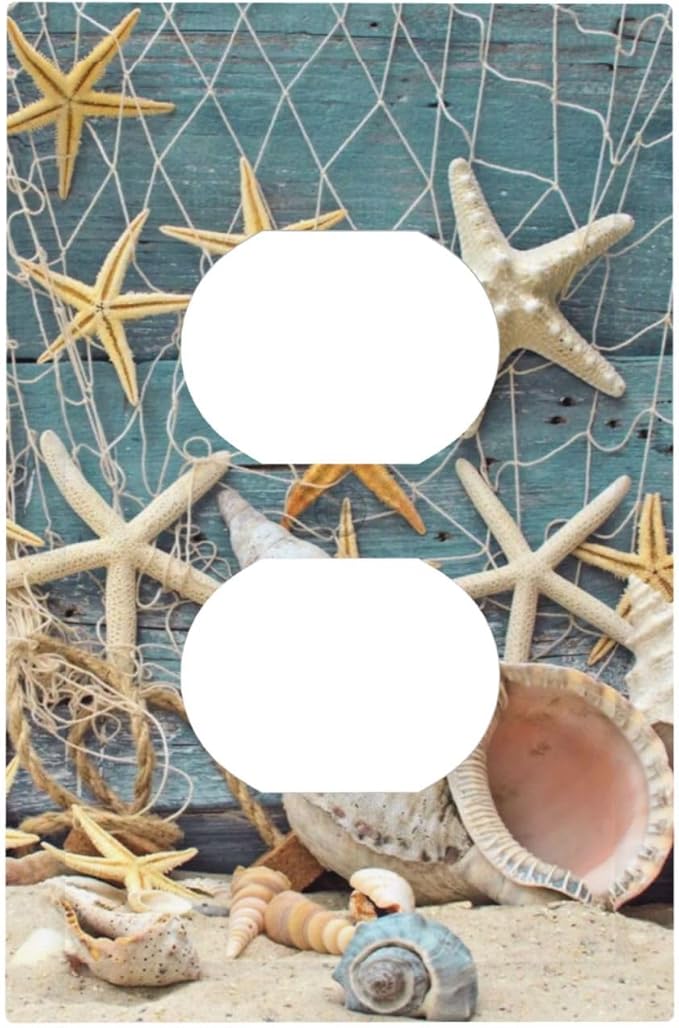 Nautical Beach Starfish Teal Wood 1 Gang Outlet Plate Covers Decorative Single Duplex Wall Plate Electrical Receptacle Light Switch Cover Electric Switchplate Country Decor