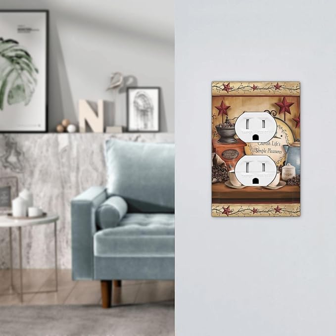 Retro Kitchen Coffee Beans Cafe Cup Theme 1 Gang Duplex Wall Plate Receptacle Outlet Covers Country Life Texas Star Bar Clock Decorative Electrical Dual Device Light Switch Plug Socket Faceplate Cover