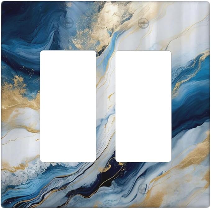 Abstract Blue Granite Luxury Watercolor Marble Texture Print 2 Gang Rocker Decora Light Switch Covers Decorative Unique Dual Outlet Covers Wall Plate Electrical Faceplate Switchplate GFCI for Kitchen
