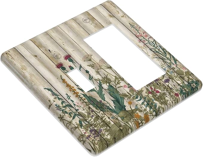 Vintage Wild Flowers Botanical Green Leaves Plants 2 Gang Single Toggle Rocker Combination Light Switch Cover Rustic Wood Plank Decorative Wall Plate Cover Electrical Faceplate Switchplate