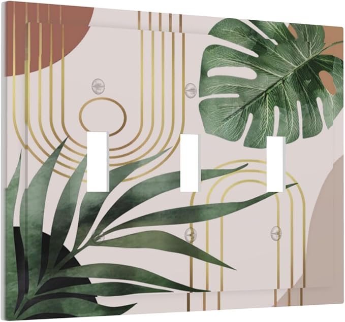 Mid Century Boho Mid Size 3 Gang Triple Toggle Light Switch Cover Wallplate Minimalist Aesthetic Art Abstract Tropical Green Palm Leaves Decorative Outlet Cover Electrical Faceplate Switch Face Plate