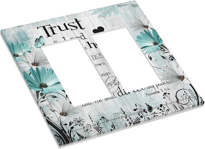 Rustic Teal Daisy Bible Verse Wooden Inspirational Quote Decorative Outlet Covers 2 Gang Double GFCI Rocker Electrical Wall Panels Light Switch Cover Plate for Bedroom Living Room Decor